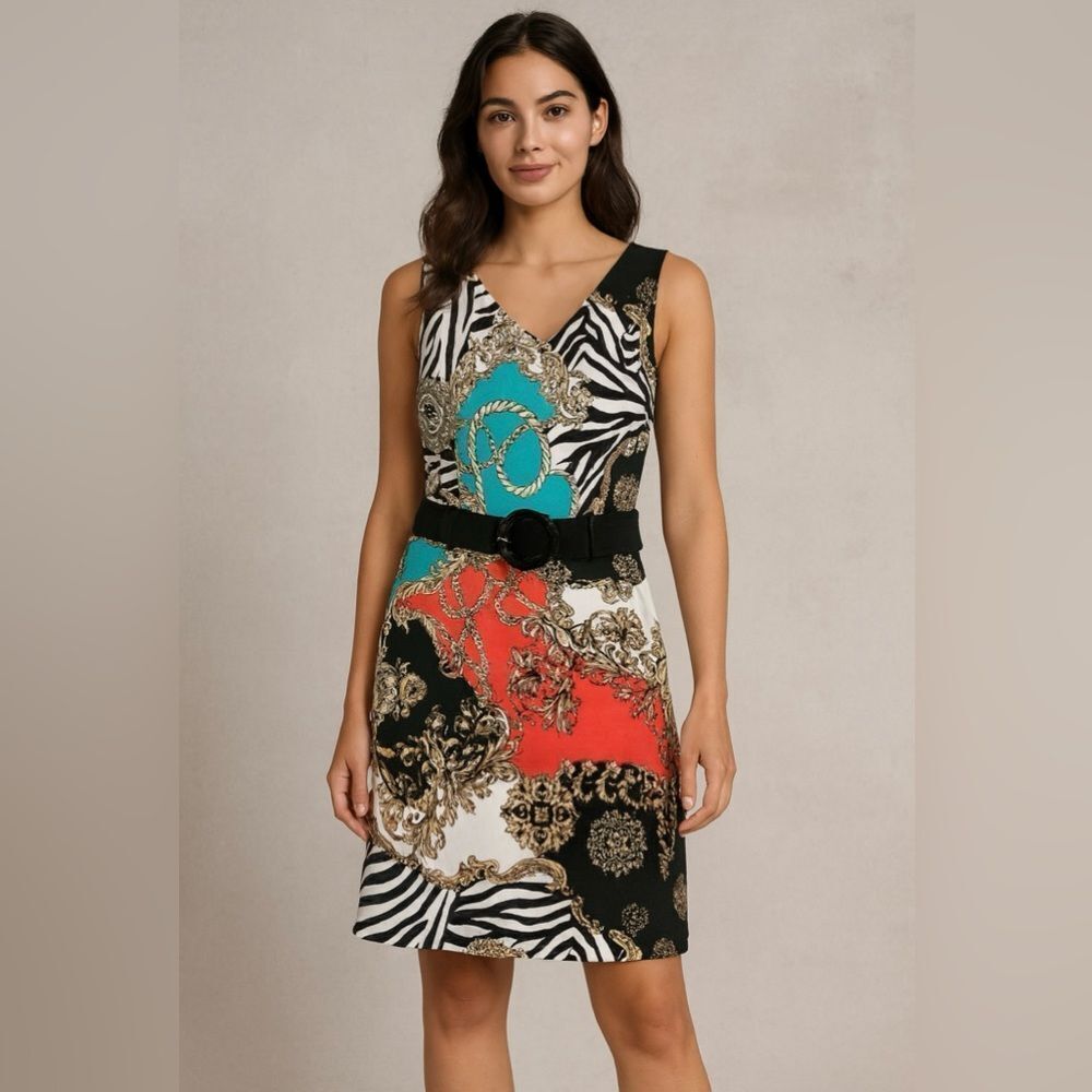 Fraklyman Women's Black Multi Colored Abstract Spiral Belt Mini Dress Size 10